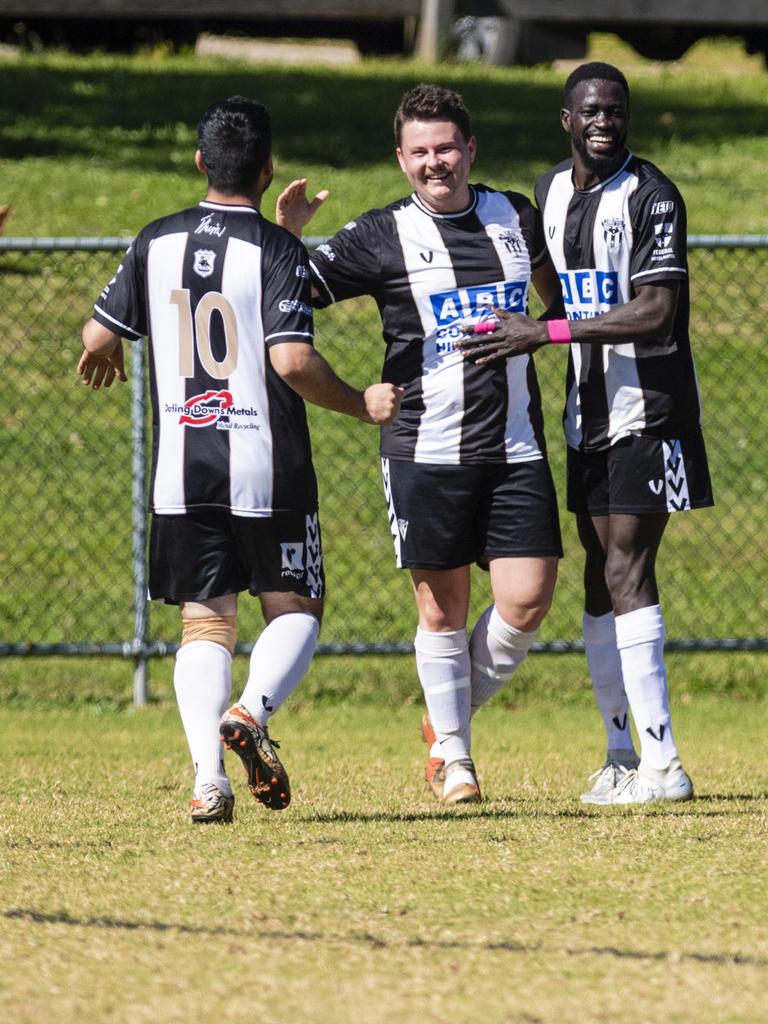 Willowburn celebrate a goal by Elsadig Mohamed (second, from right) against West Wanderers in U23 men FQ Darling Downs Presidents Cup football at West Wanderers, Sunday, July 24, 2022. Picture: Kevin Farmer