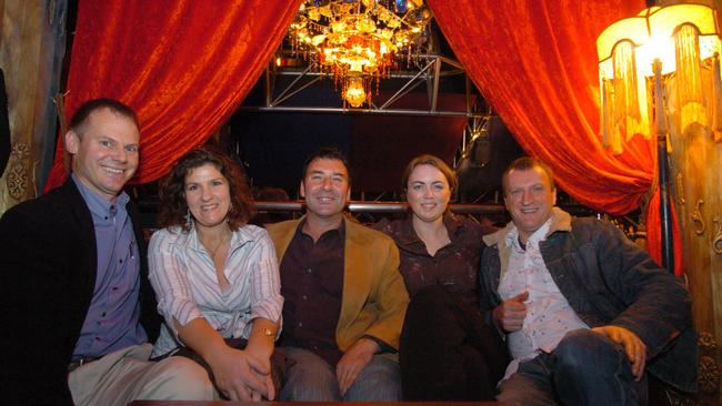 Architect Mark Folland, scenic artist Sandra Anderson, leadlight designer Erni Tinesz, designer Victoria Lamb and theatrical lighting consultant Gus Macdonald celebrate the opening of Boho at the Unley on Clyde in 2005. Picture: Brenton Edwards