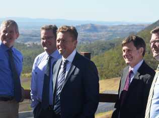 Checking out the completed Toowoomba Range roadworks are Federal Minister Ian Macfarlane, State ministers John McVeigh (Agriculture) and Scott Emerson (Transport), Paul Smith (Department of Transport and Main Roads) and Toowoomba North MP Trevor Watt. Picture: Derek Barry