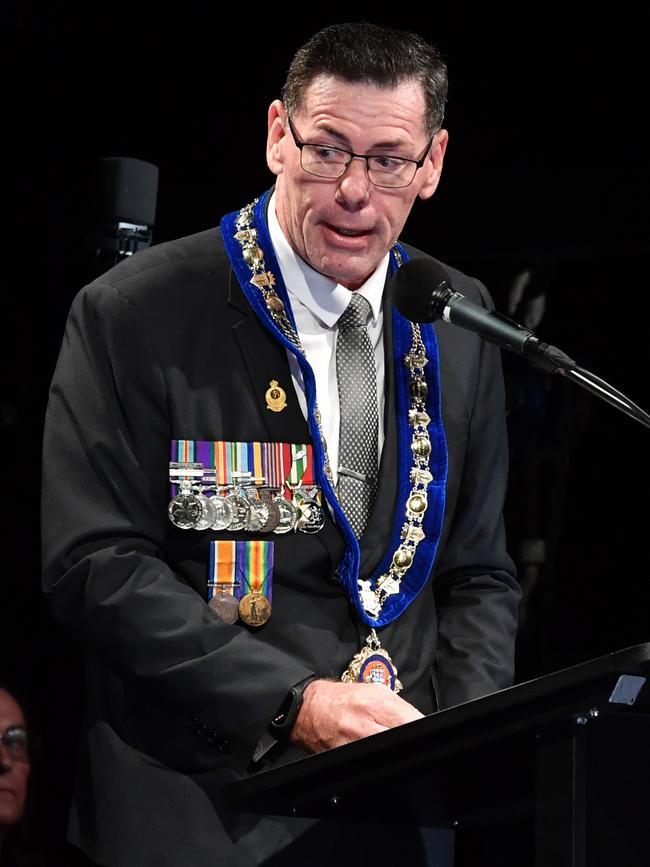 Townsville Mayor Troy Thompson delivering his address at the 2024 Anzac Day Dawn Service at Anzac Park, The Strand. Picture: Evan Morgan