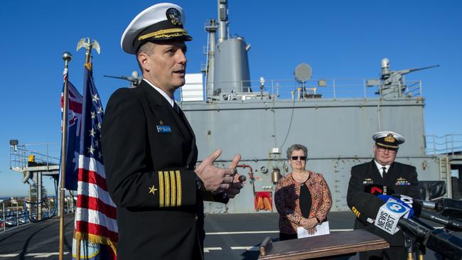 Commanding Officer USS Emory S. Land (AS 39), Capt. Brent Spillner speaks to media during a tour of the United States Navy Ship USS Emory S. Land (AS 39) Tuesday,July,30,2024 .Picture Mark Brake