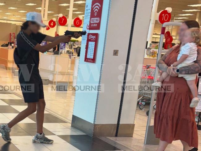 A young mother has described the harrowing moment her 18-month-old was allegedly threatened by three teenagers with a fake gun at a shopping centre. Picture: 3AW