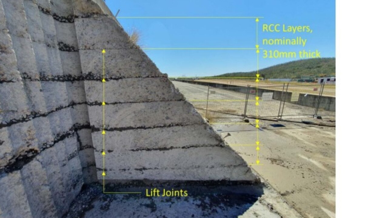 Roller-compacted concrete dams are constructed by laying down 30cm layers of concrete, with flawed bonds between the layers first thought to be the main cause of the dam's structural issues.