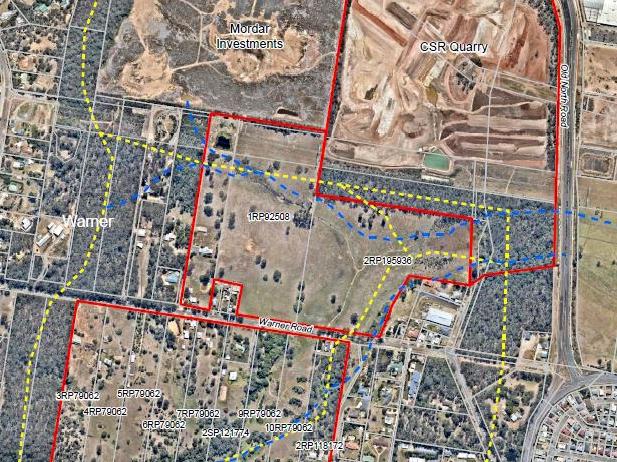 Warner Investigation Area development map with Ausbuild and CSR properties highlighted.