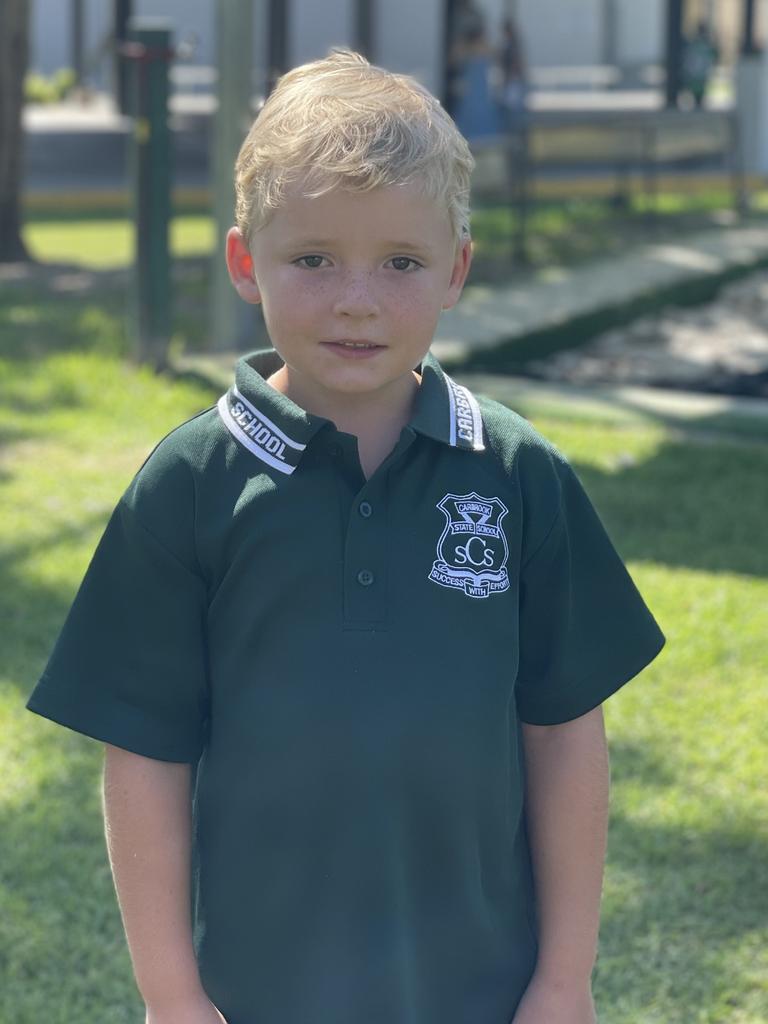 Archee ready for his first day of school in 2024 at Carbrook State School. Pictures: Elliott Turner