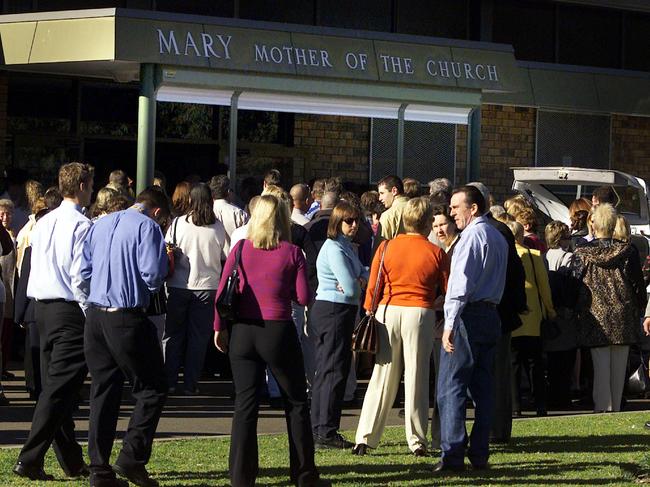 Criminal profiler Kris Illingsworth thinks Rachelle Childs’ killer was probably at her funeral in 2001, pictured are people gathering outside the church. Picture: Troy Bendeich