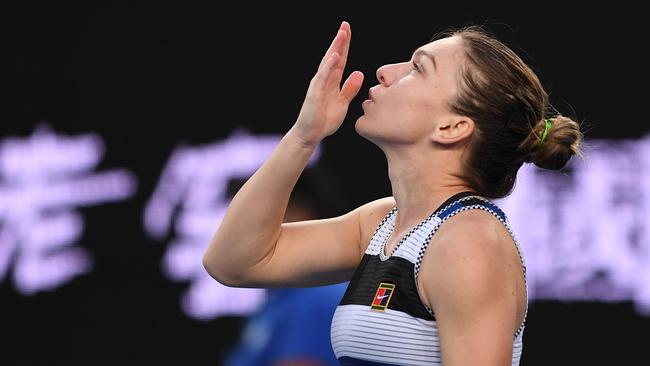 Simona Halep celebrates after defeating Venus Williams. Picture: AAP. 