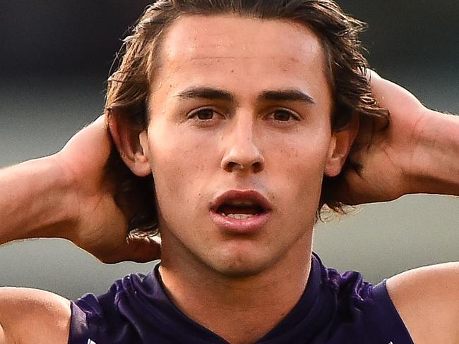 PERTH, AUSTRALIA - AUGUST 2: Lachie Weller of the Fremantle Dockers looks on during the 2015 AFL round 18 match between the Fremantle Dockers and the GWS Giants at Domain Stadium, Perth, Australia on August 2, 2015. (Photo by Daniel Carson/AFL Media/Getty Images)