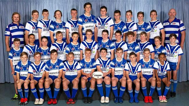 The Collegians White and Blue under 14 sides (front, from left) Trey Williams, Samuel Wainwright, Darcy Goodman, Thomas Durrington, Jack Rossiter, Cooper Morton, Thomas Blake, Jesse Scanlan, William Gross, Isaiah Hinch, (middle) Liam Ryan, Carge Martin-Brown, Hugh Inmon, Jacob Fuhrman-Luck, Matthew Watt, Dion Williamson, Cody Johnson, Brendan Hughes, Campbell Ridley, Lachlan Collins, Samuel Neucom, Jack Talbot, (back) Greg Hoffman (Trainer), Cody Collins, Caleb Farrell, Matthew Lane, Thomas Doherty, Connor Reimers, Andrew Willett, Harrison Boal, Martin Bell, Ryan Fischer, Jesse Bohm, Robert Bell (Coach). Aaron Hinch, James Smith, Clarence Lee, Jamaine Smith, Kynan Henry and Alex Stewart (Trainer) are also in team.. Picture: Naturalite Studio