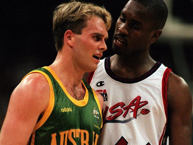 Gary Payton gets in the face of Shane Heal during the 1996 Atlanta Olympics. Picture: Wayne Ludbey