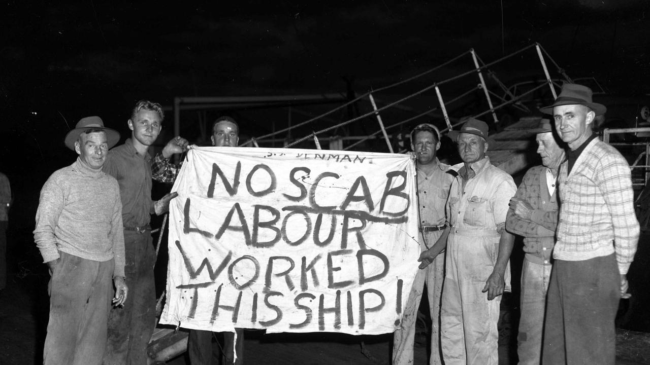 Seamen of the freighter Denman make their feelings known about scab labour. Picture: Noel Pascoe