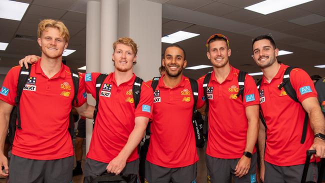 Bodhi Uwland, Matt Rowell, Touk Miller, David Swallow and Brayden Fiorini as the Gold Coast Suns land in Darwin for their AFL double header. Picture: Pema Tamang Pakhrin