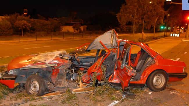 The wrecked car Phillip Wright and Nick Holbrook were in on the night of June 11, 2009. Picture: SA Police