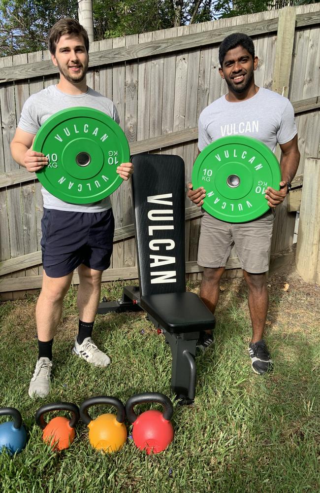 Best mates Justin Riley, 26 and Dhilukshan Ramalingam, 26, have made $400,000 in profits since launching their online gym business back in March. Picture: Supplied