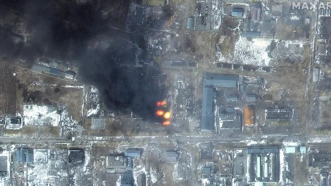 The satellite image shows the extensive destruction to the city. Picture: Maxar Technologies