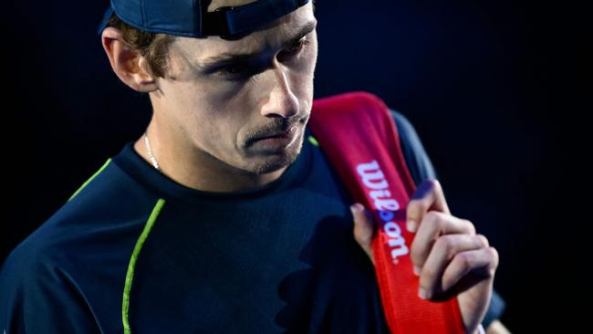 Australia's Alex De Minaur leaves after being defeated by Russia's Daniil Medvedev at the ATP Finals tennis tournament in Turin on November 12, 2024. (Photo by Marco BERTORELLO / AFP)