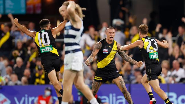 Dustin Martin celebrates an unbelievable goal.