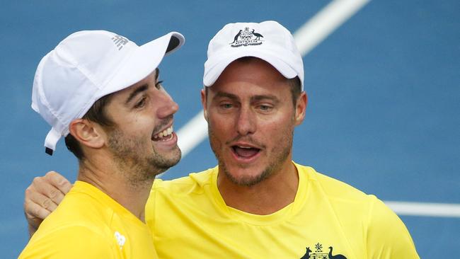 Jordan Thompson and Davis Cup captain Lleyton Hewitt. Picture: AAP