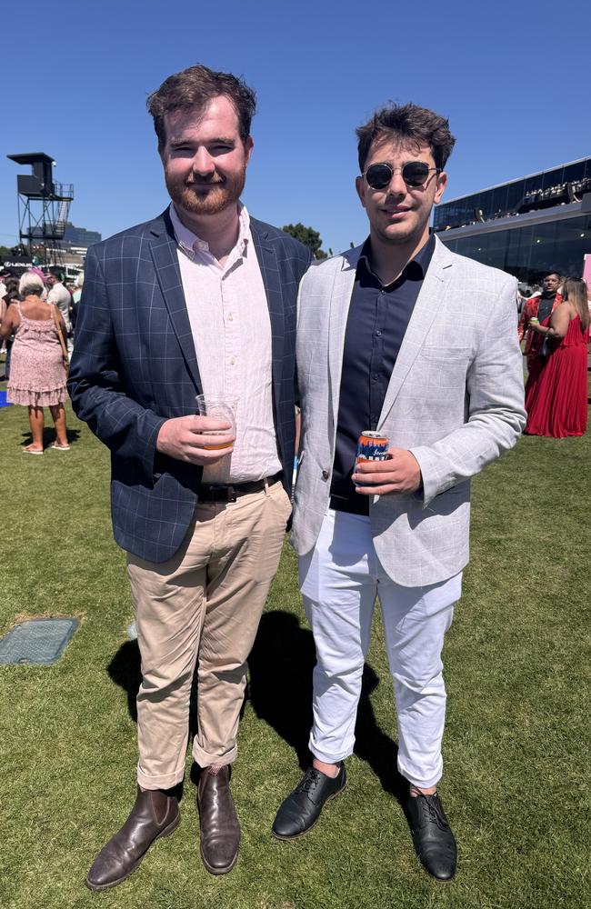 Jack Simpson and James Maddigan at the Melbourne Cup at Flemington Racecourse on November 5, 2024. Picture: Phillippa Butt