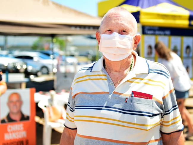 Pre poll voting in Townsville for the Council election. Glynn Hagstrom 80, wears a face mask while waiting for COVID-19 test results. Picture: Alix Sweeney