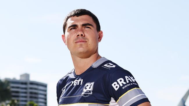 The North Queensland Cowboys have visited Cairns to launch their 30th anniversary jersey, which will be worn for the 2025 NRL season. North Queensland Cowboys player Jake Clifford launches the club's 30 year jersey at the Cairns Esplanade lagoon. Picture: Brendan Radke