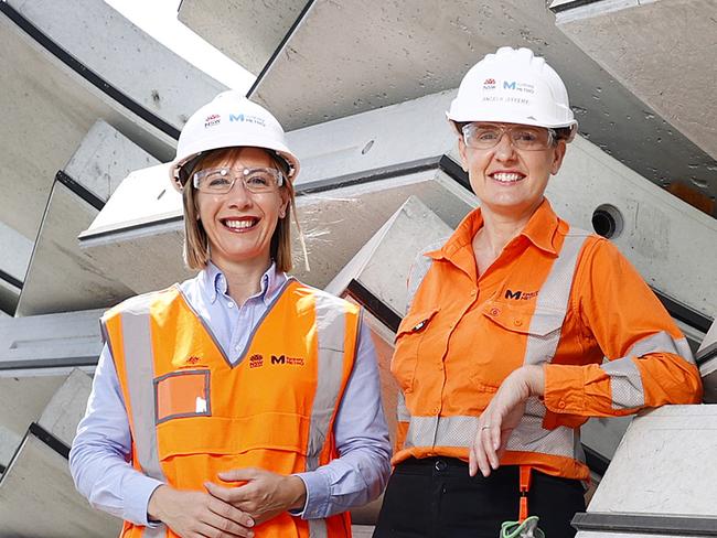 DAILY TELEGRAPH 9TH NOVEMBER 2023EMBARGOED - DO NOT USE WITHOUT DT PIC DESK APPROVAL.Pictured is NSW Minister for Transport and Roads Jo Haylen and Angela Jeffery, Project Director for the Sydney Metro Ã Western Sydney Airport. They are standing next to giant pieces of tunnel at the Badgerys Creek tunnelling site of Metro Western Sydney Airport.Picture: Richard Dobson