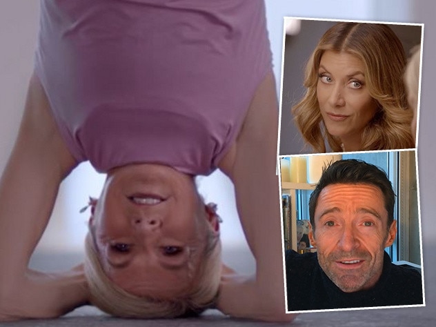 Bishop shows off her yoga talents, as well as her comedic side in the video, which also features actors Kate Walsh (inset top) and Hugh Jackman (inset bottom).