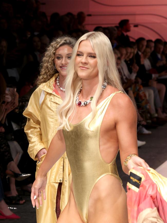 Drizabone show with Olympians - Shayna Jack (centre), with Mikeayla Smith and Reidel Smith, in the opening show of Brisbane Fashion Week, on Tuesday 27th August - Photo Steve Pohlner