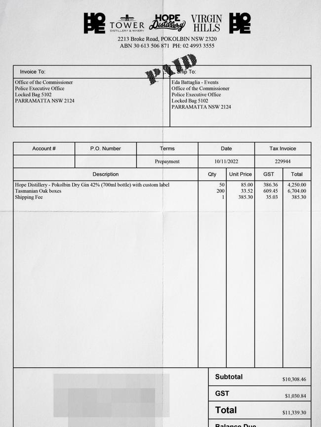 A copy of the original invoice that Police Executive Office paid to Hope Distillery for 50 bottles of Pokolbin Dry Gin 42% (700ml bottle) with custom labelling.