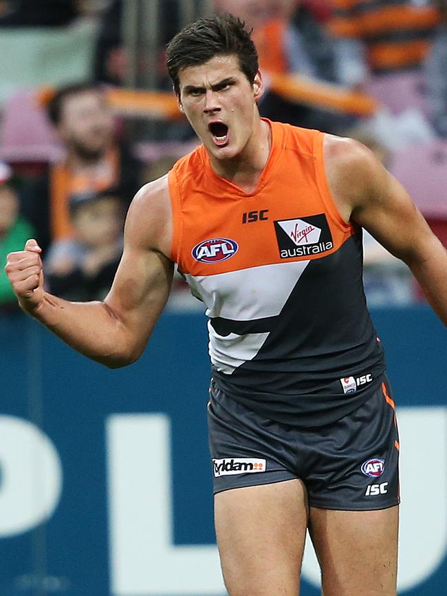 Tom Boyd celebrates a goal for the Giants Picture: Phil Hillyard