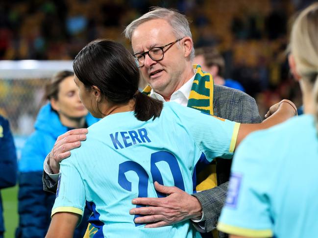 Sam Kerr hugs PM Anthony Albanese after losing the FIFA WomenÃs World Cup 3rd place playoff between Australia and Sweden at Suncorp Stadium in Brisbane. Pics Adam Head