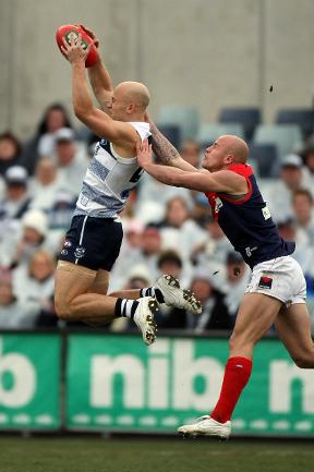 <p>Geelong v Melbourne. Skilled Stadium. Gary Ablett Jr marks on the lead in front of Nathan Jones. Picture: Michael Klein</p>