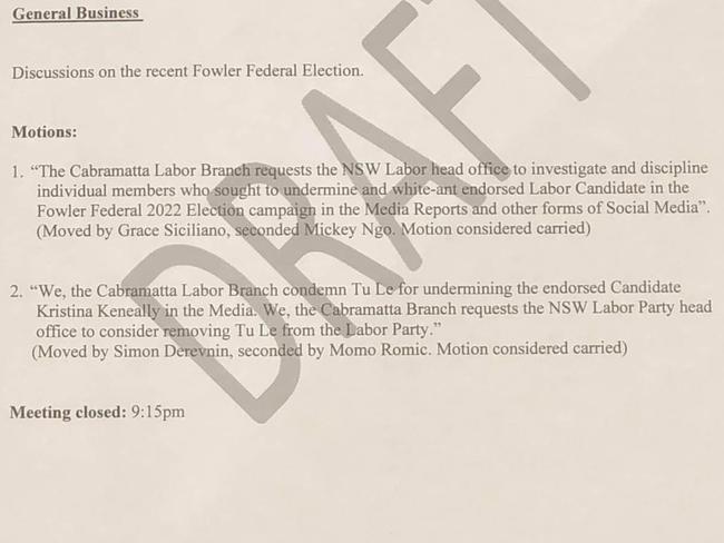 Minutes from the Whitlam Cabramatta Branch of the NSW Labor Party, from a meeting held on June 6, 2022, where members voted to expel Tu Le from the party. Picture: Supplied