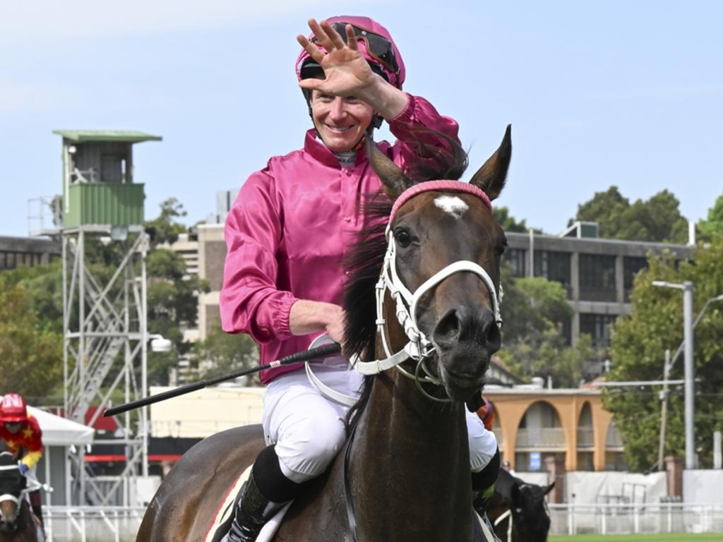 James McDonald salutes the crowd after winning the Apollo Stakes aboard Fangirl. Picture: Bradley Photos