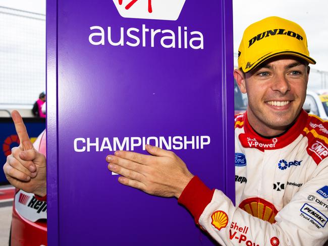 TAILEM BEND, AUSTRALIA - SEPTEMBER 26: (EDITORS NOTE: A polarizing filter was used for this image.) Scott McLaughlin driver of the #17 Shell V-Power Racing Team Ford Mustang celebrates during race 3 of The Bend Supersprint round of the 2020 Supercars Championship at The Bend Motorsport Park on September 26, 2020 in Tailem Bend, Australia. (Photo by Daniel Kalisz/Getty Images)