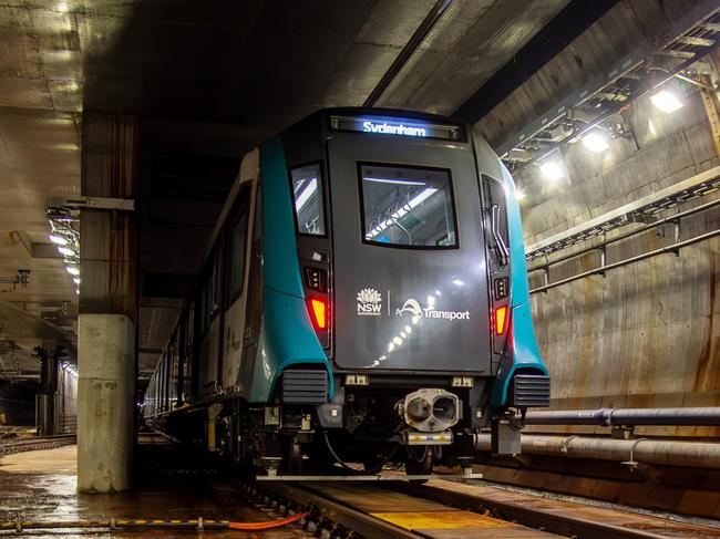 Sydney Metro City and Southwest train TS5 travels through the crossover cavern just north of Barangaroo station during testing. Picture: Supplied.