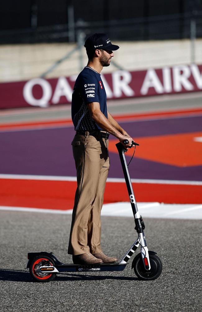 Daniel Ricciardo of Australia rides a scooter on track during previews ahead of the F1 Grand Prix of United States at Circuit of The Americas in Austin, Texas. Picture: Getty