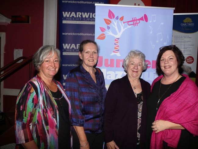 Community Group winners The Caloundra Yarn Bombers Linda Grogan, Di Aspinall and Lynne Rix and judge Kerryanne Farrer at the Jumpers and Jazz Festival launch at the Warwick Town Hall on Thursday, July 21.