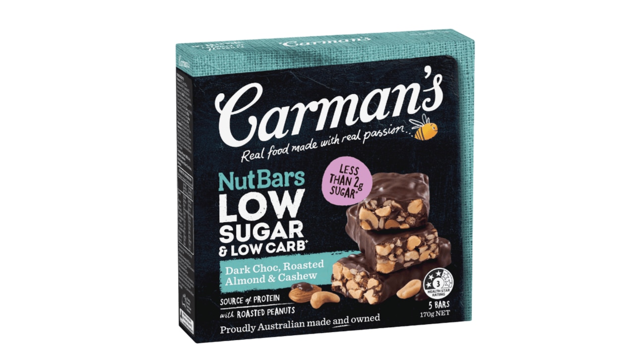 <h3><span>Nut Bars</span></h3><p><span>Nuts, like seeds are exceptionally nutrient-rich, and when a portion-controlled serving is enjoyed with a piece of fruit, they make a perfect carb and protein-balanced snack. For convenience, there is also a growing range of minimally processed nut-based snack bars that offer all the nutritional goodness of a serving of nuts, along with a little honey for binding, in a portion-controlled, tasty snack bar. Look for options that use a range of different nuts, rather than just peanut, and options that have &lt;5g of sugars per bar.</span></p><h3><a href="https://www.woolworths.com.au/shop/productdetails/454937/carman-s-low-sugar-low-carb-bar-dark-choc" target="_blank" rel="noopener"><span>Carman's Low Sugar Low Carb Bar Dark Choc, $8.50 from woolworths.com.au</span></a></h3>