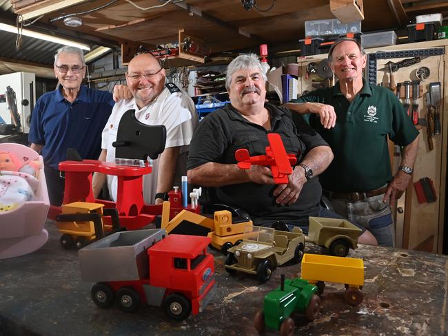 26/11/20. The WOODVAC (Wood Veterans of Armored Core) group of 5 Vietnam Vets who catch up weekly for the past 14 years and have been making wooden toys for the Salvos Xmas appeal - Craig Haydock, Mark Foyle (The Salvation Army PR Secretary SA/NT) with Ian Sach and John Eyre.Picture: Keryn Stevens