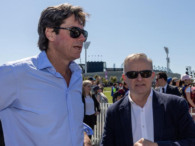 Gillon McLachlan was paid almost eight times as much as Prime Minister Anthony Albanese. They are pictured at the AFL grand final parade in September. Picture: Jason Edwards