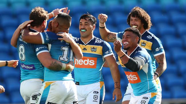 GOLD COAST, AUSTRALIA – JULY 25: Jarrod Wallace of the Titans celebrates a try during the round 19 NRL match between the St George Illawarra Dragons and the Gold Coast Titans at Cbus Super Stadium, on July 25, 2021, in Gold Coast, Australia. (Photo by Chris Hyde/Getty Images)