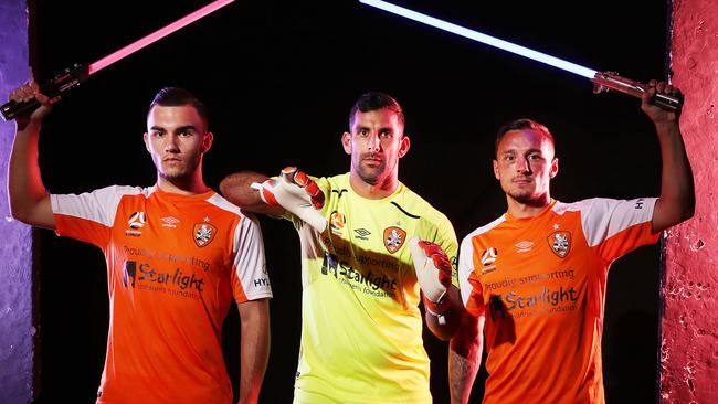 Brisbane Roar stars (l-r) Nick D'Agostino, Jamie Young, and Eric Bautheac ahead of the A-League's Star Wars round.
