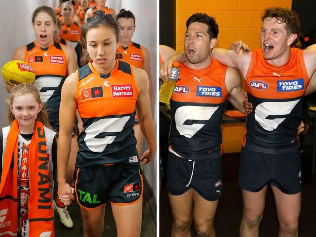 GWS' AFLW team, along with Toby Greene and Tom Green. Photos: Getty Images/Phil Hillyard