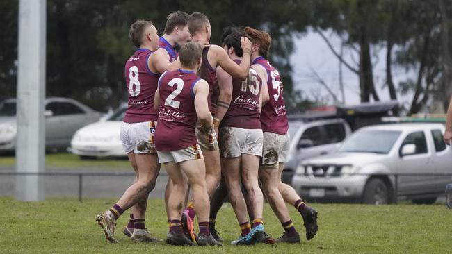 Pakenham players celebrate a goal. Picture: Valeriu Campan