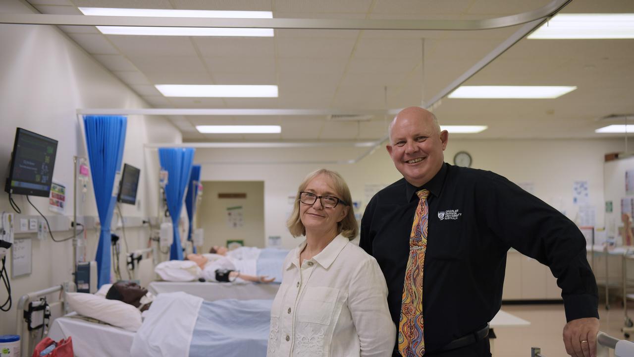 Dr Dianne Stephens and Charles Darwin University Vice Chancellor Scott Bowman in the nurse training labs that they hope will be part of a Medical School in coming years. Picture: (A)manda Parkinson