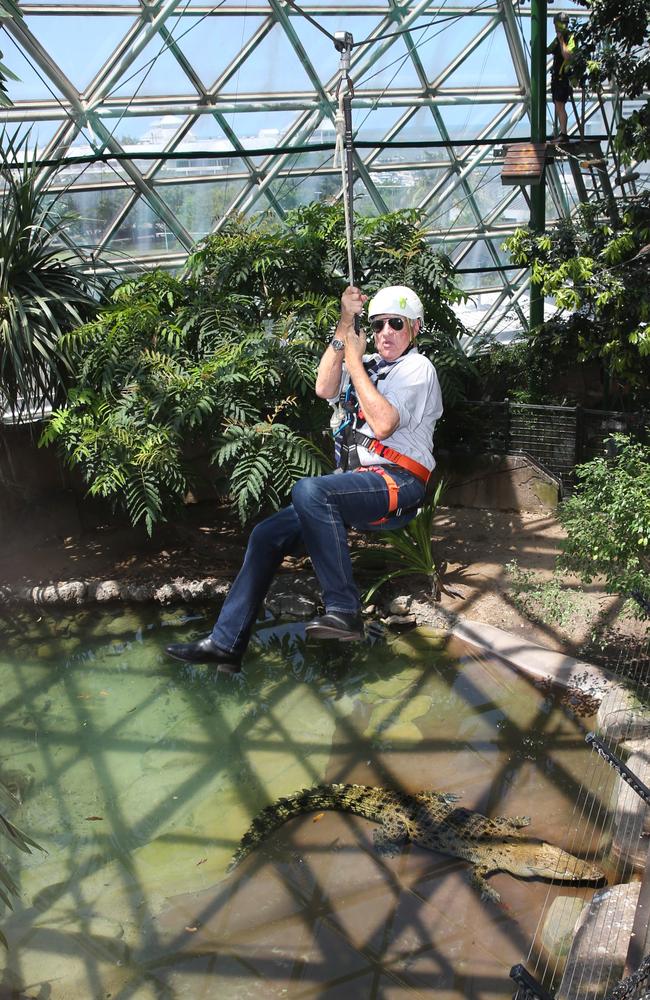 Kennedy MP Bob Katter ziplines over Goliath, the 4m crocodile at Cairns ZOOM and Wildlife Dome. PICTURE: ANNA ROGERS