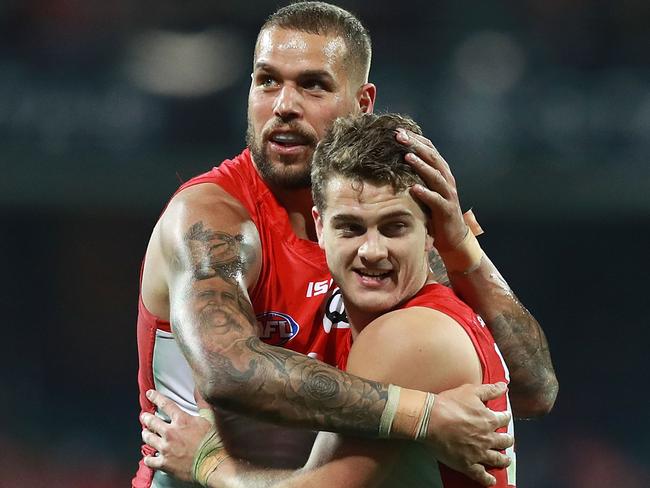 Lance Franklin celebrates a goal with Tom Papley. Picture: Getty Images