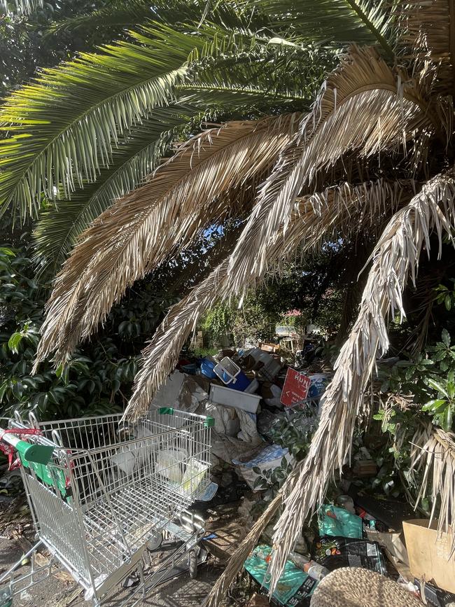 A trolley at is part of the rubbish spilling from the property’s backyard.