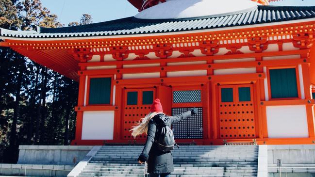 Phoebe Lee of Little Grey Box travel blog and YouTube channel in Koyasan, Japan. 